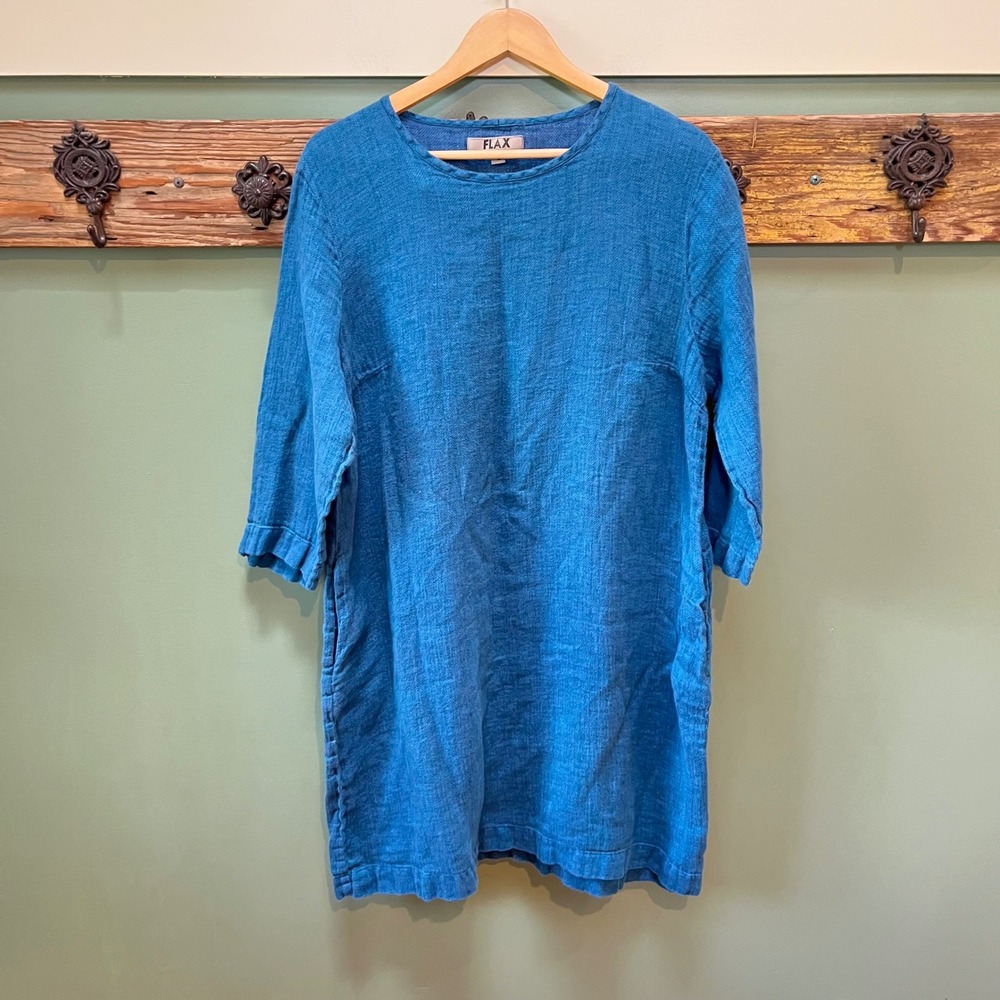 FLAX Women Blue 100% Linen 3/4 Sleeve Pockets Tunic Shift Dress Large